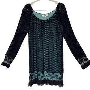 UMGEE Black Lace Top Tunic Teal Lining Mesh Dot Lace Trim Peasant Flowy Boho Lg